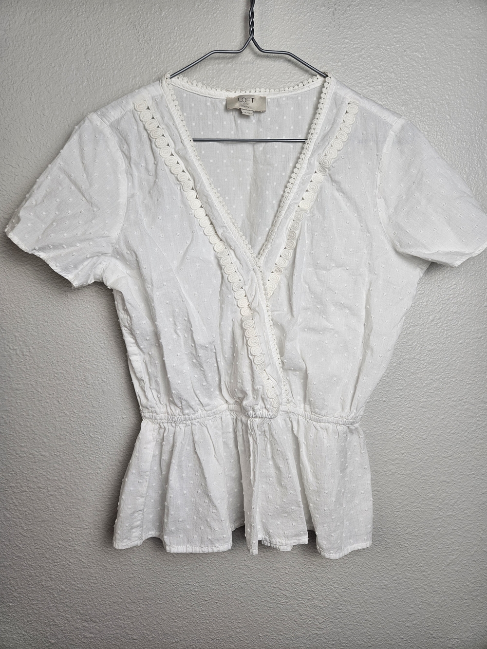 LOFT White Swiss Dot Peplum Blouse Size SP